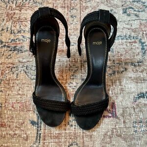 Maje Fifi Black Suede Braided Ankle Strap High Heel Sandals | Size 40